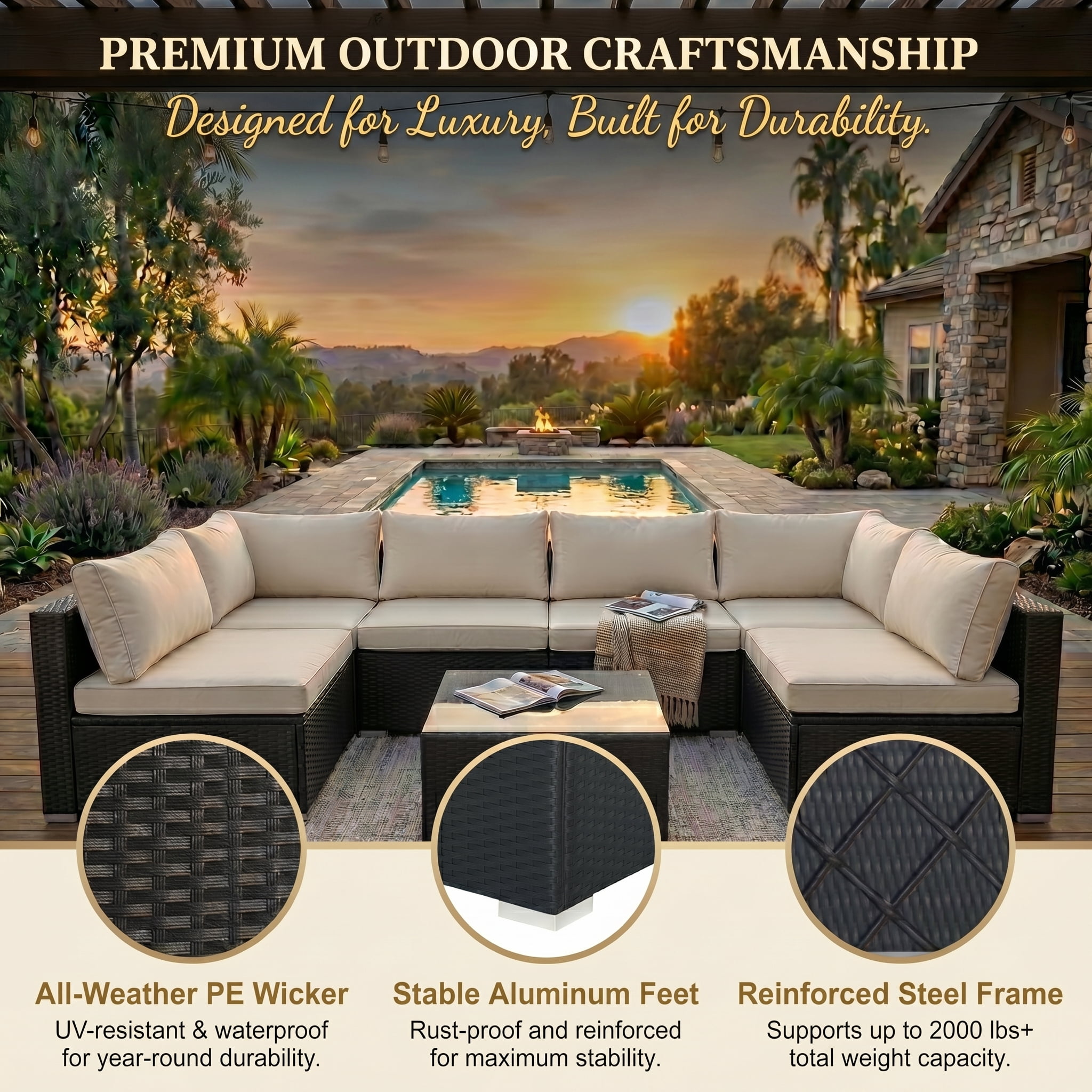 Howcool 7-Piece Modular Outdoor Patio Furniture Set with Cushions and Tempered Glass Table