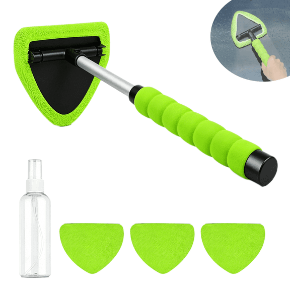 ROCK PARTS Car Window Cleaning Tool Windshield Cleaner Extendable Handle, 4 Reusable Microfiber Pads Auto Glass Wiper Brush for Car & Home Green