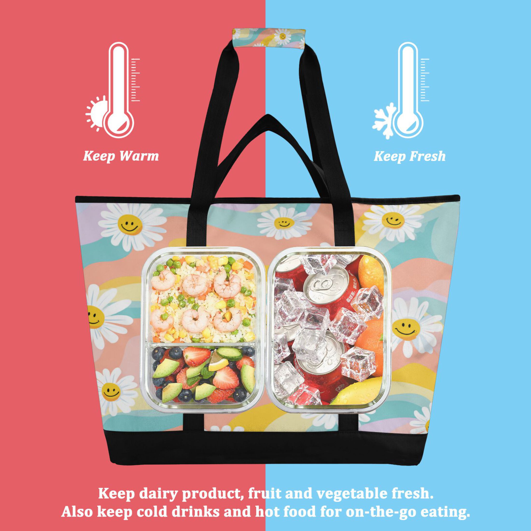 Extra-Large Wide Opening Design Capacity Hand-Held Ice Pack Thickened Insulation Layer For Long-Lasting Cold Retention For Outdoor Shopping Picnics And Camping Smiling Daisies with Rainbow