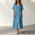 thumbnail image 4 of Bxsruta Women's Wrap V Neck Midi Dress Button Front Short Sleeve Loose Fit Casual Faux Linen Summer Dress Breathable Lightweight Versatile Everyday Flattering, 4 of 8