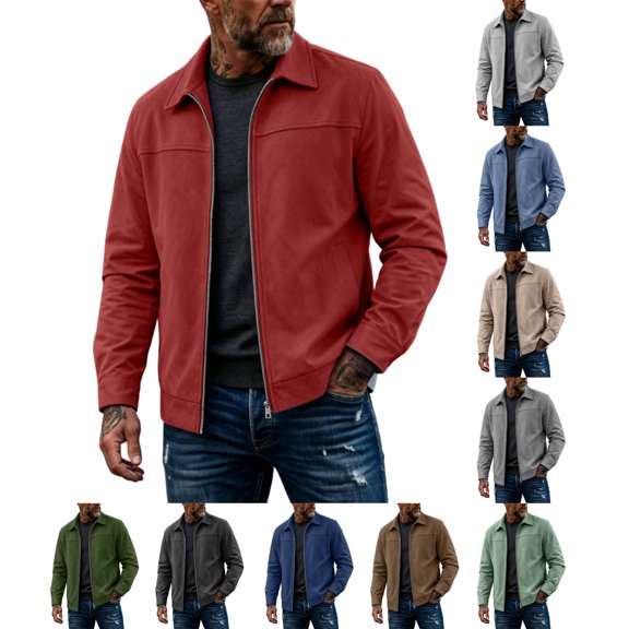 Men's Zip-Up Jacket with Collar Solid Color Lightweight Long Sleeve Workwear & Casual Jacket for Fall Winter