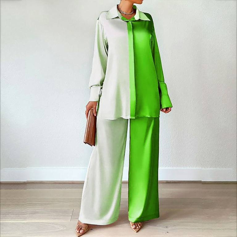 RQYYD Womens Satin Two Piece Outfits Casual Loose Button Down Shirt Blouse  Top Wide Leg Long Pants Loungewear Pajama Set Green XL 
