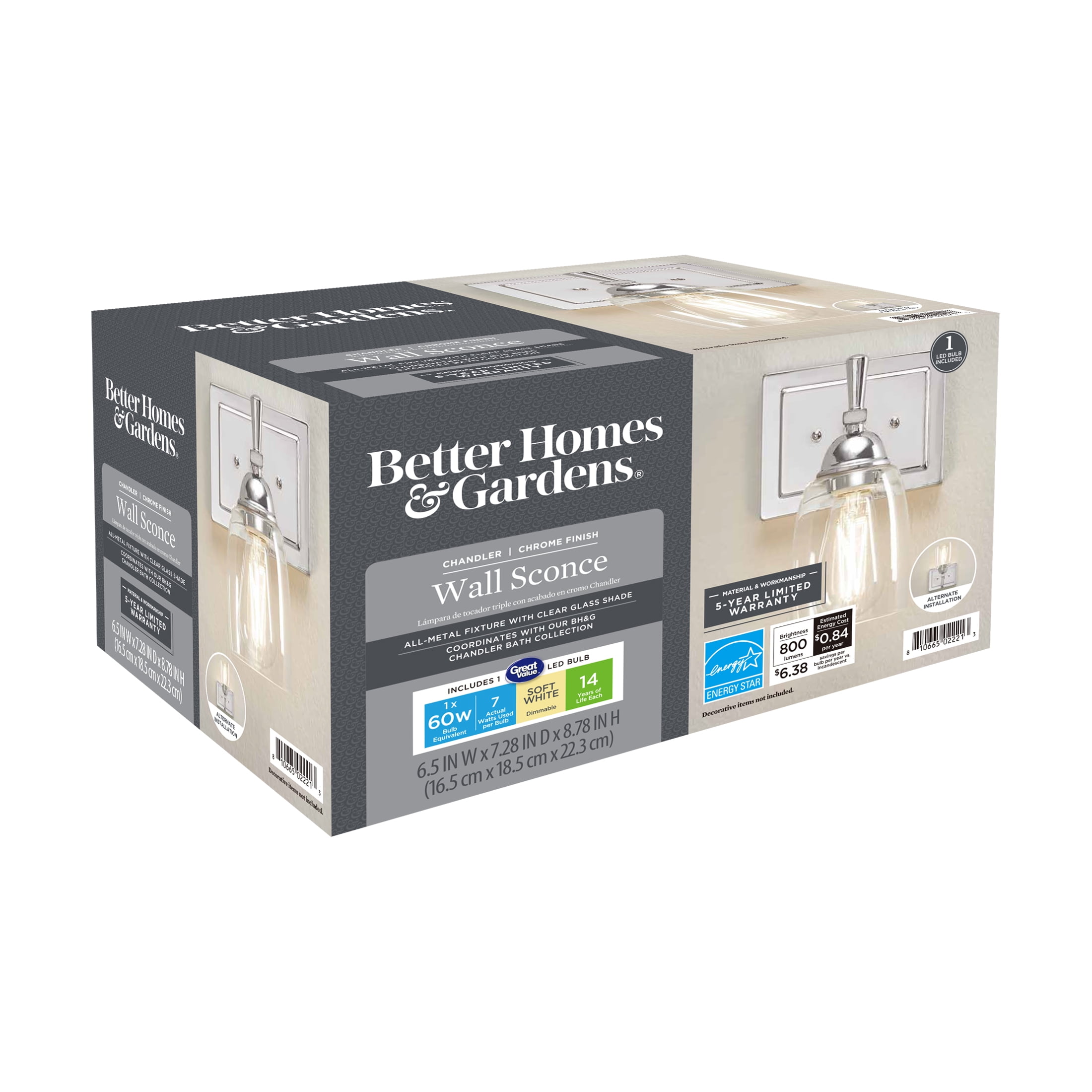 Better Homes & Gardens Chandler Industrial 1-Light Indoor Wall Sconce, Chrome