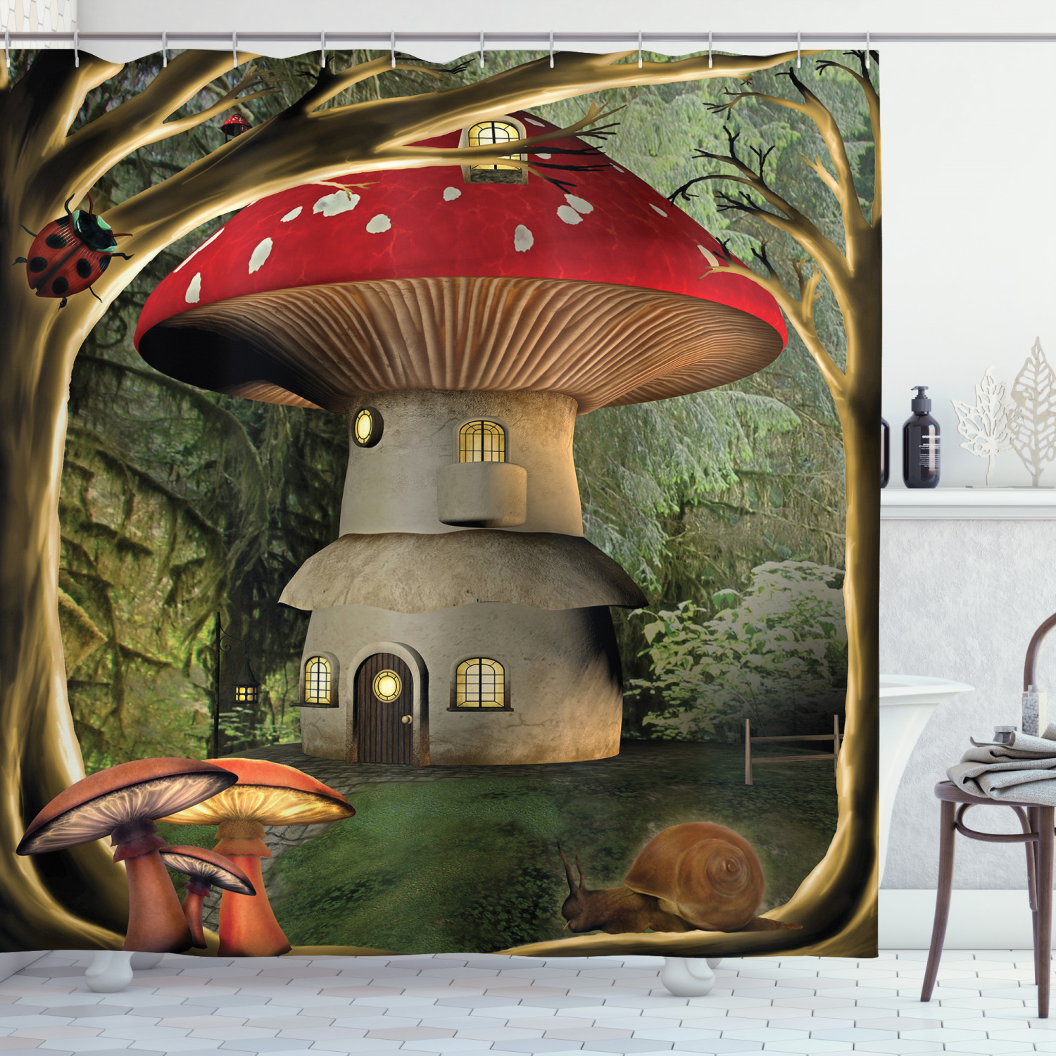Mushroom Shower Curtain, Shroom House in Enchanted Forest wih Ladybug