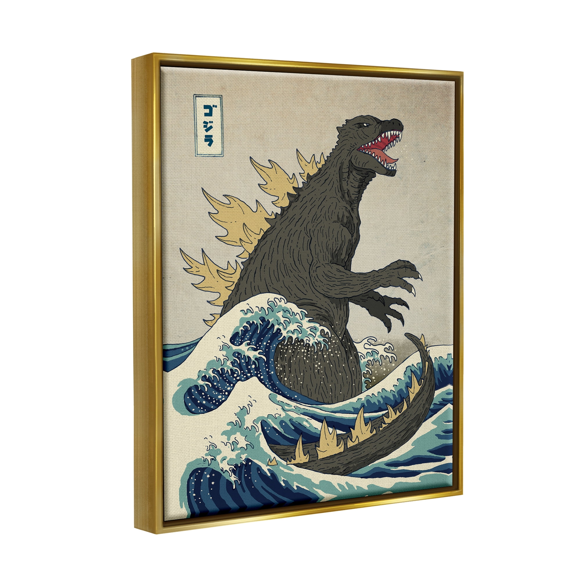 Stupell Industries Godzilla in the Waves Eastern Poster Style Illustration Metallic Gold Framed Floating Canvas Wall Art, 24x30, by Michael Buxton