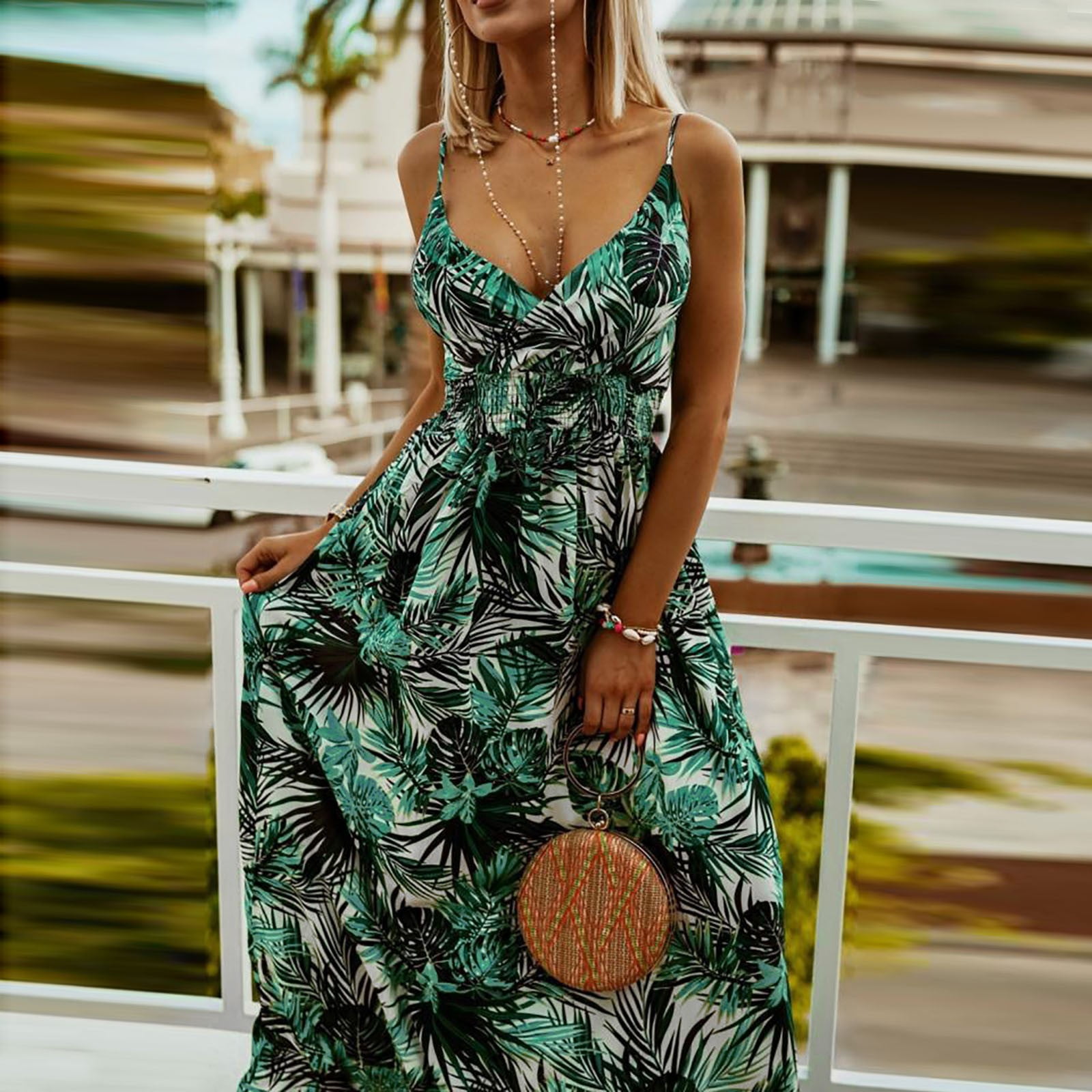 Womens Dress Cute Dresses for Women Long Women s Summer Dress Floral Spaghetti Strap Sleeveless V Neck Casual Swing Sundres Adult Female Clothes Green