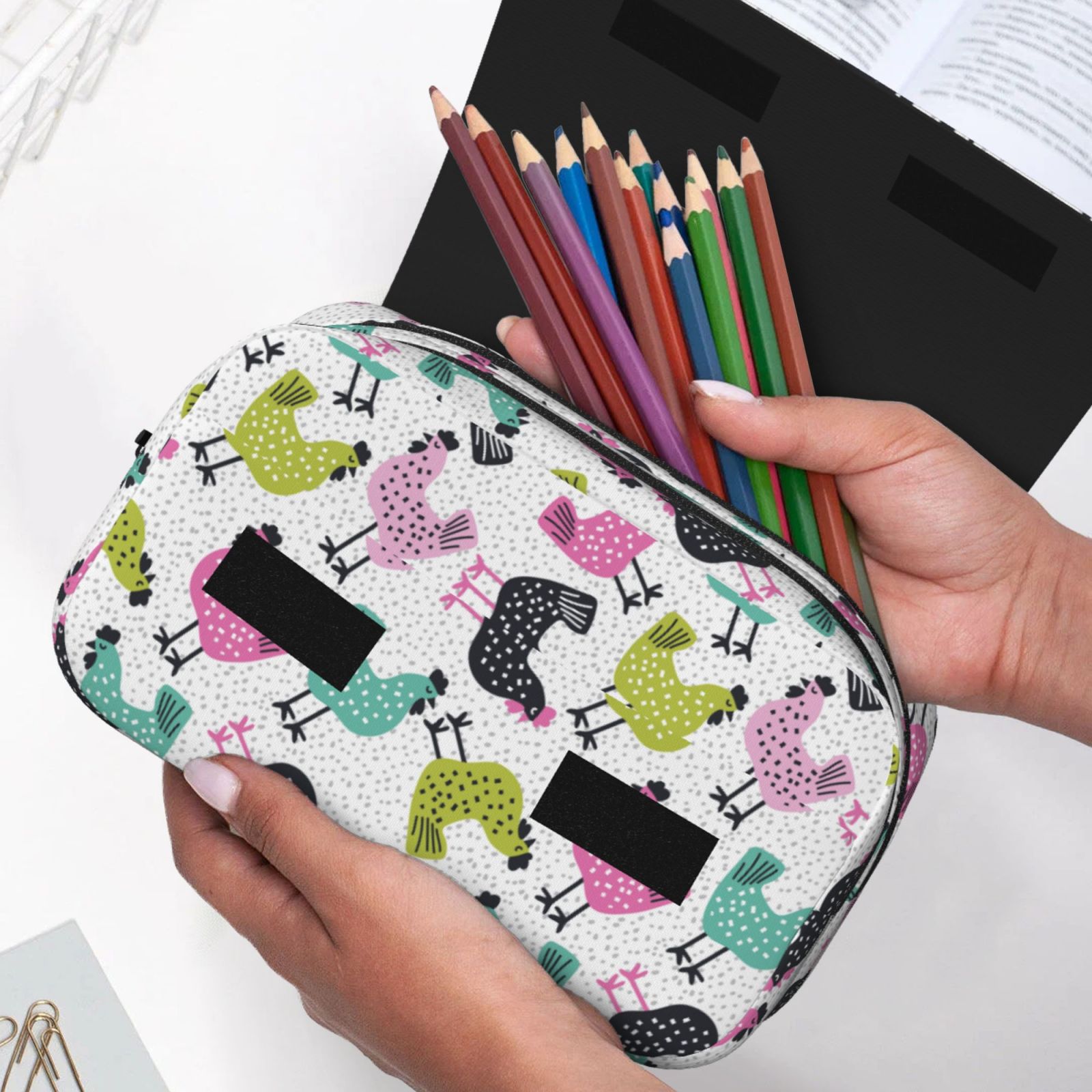 Rateoe Funny Chicken Pattern Double Clamshell Pen Case, Storage Organizer with Two Zipper Compartments– Holds Up to 50 Pencils & Pens