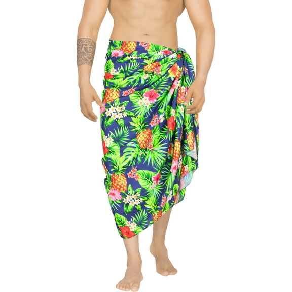 LA LEELA Men's Swim Bath Trunk Swimsuit Regular Surfing Swimwear Sarong Long Pareo Beach Wrap One Size Navy, Tropical Summer Vacation Aloha
