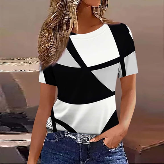 Jsaierl Short Sleeve Tops for Women Plus Size Elegant Shirts Round Neck Soft Tunic Blouses Boho Print T-shirts Top S-3XL