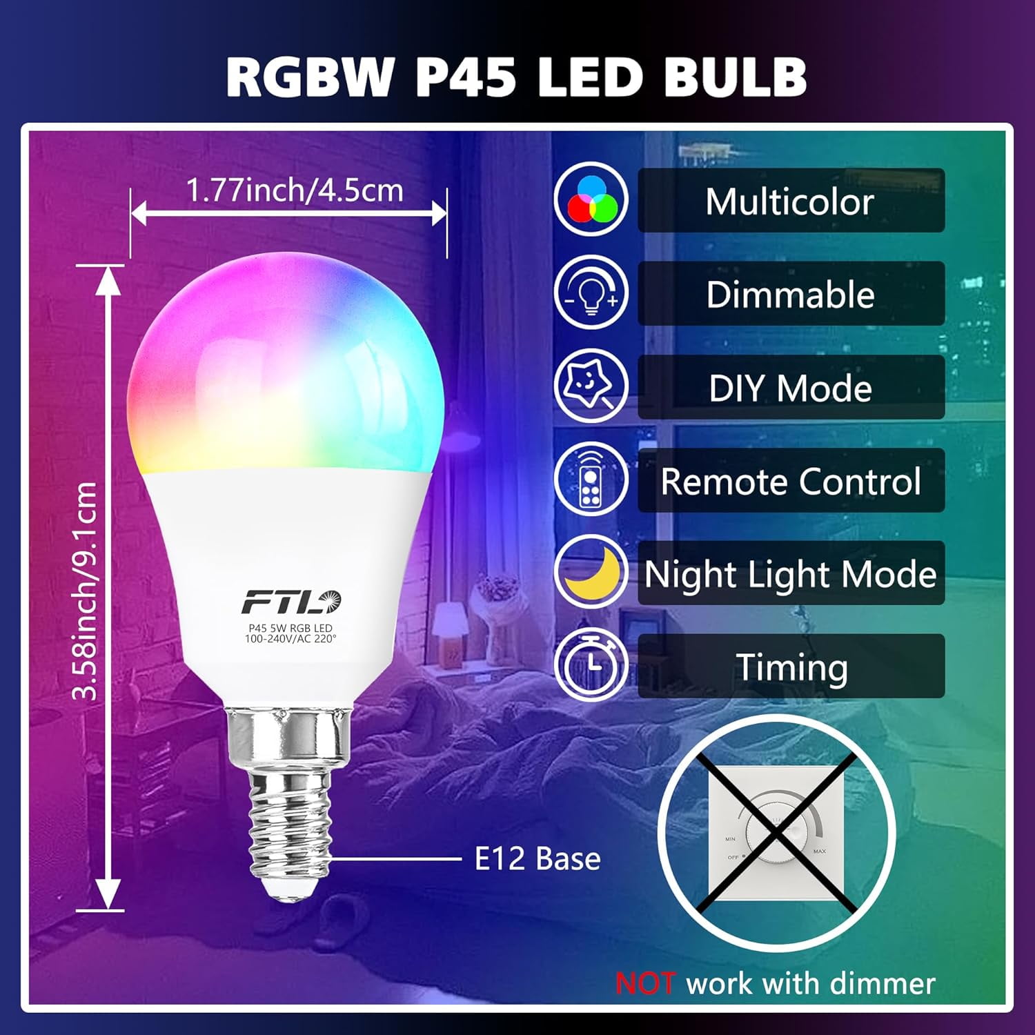 FTL E12 LED Light Bulb Color Changing, 5W 40W Equivalent A15 RGB Light Bulb with Remote Control, Warm White to Daylight White 2700K-6000K, 30 Colors RGB E12 LED Bulb Dimmable,Timer, 2 Modes,6-Pack