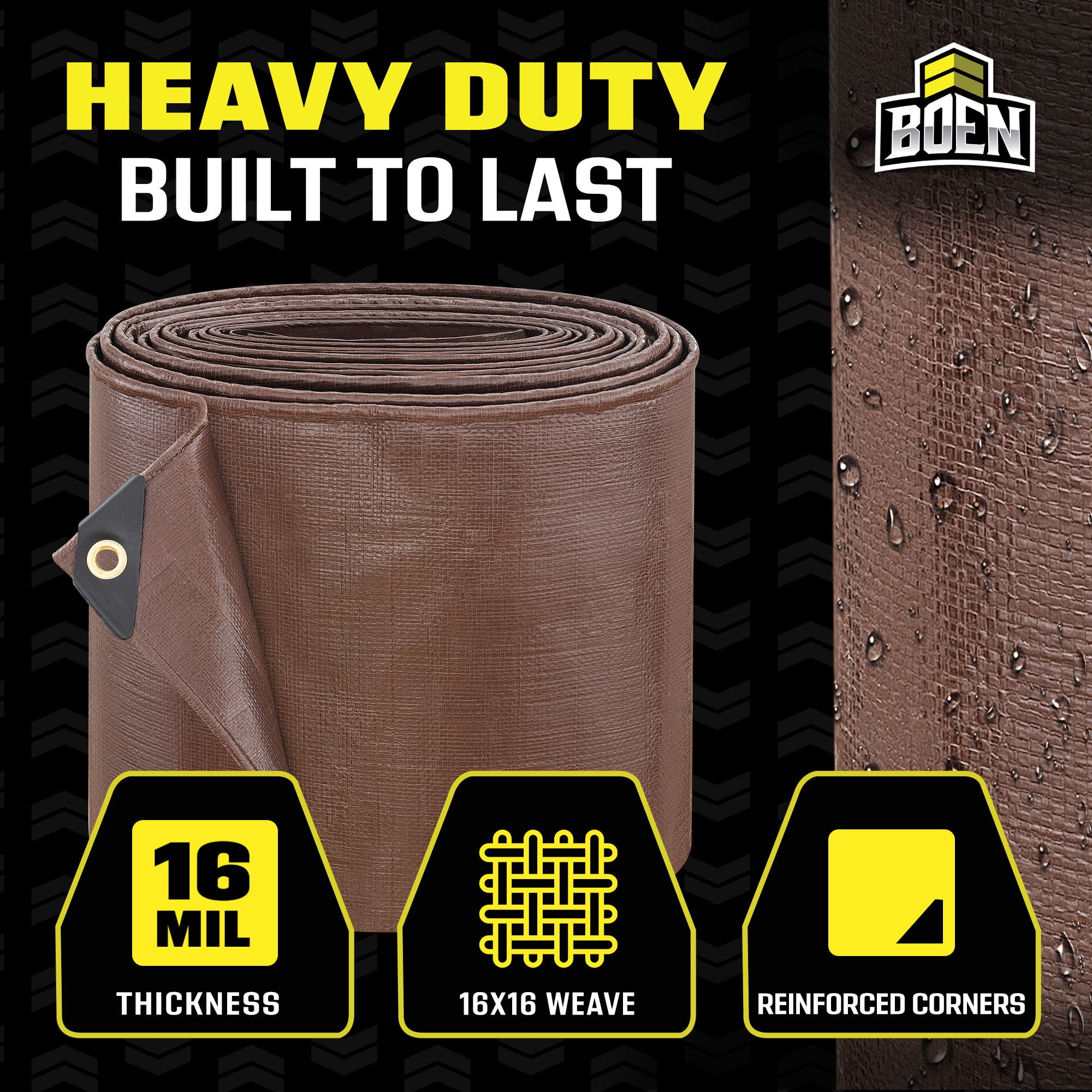 BOEN Ultra Heavy-Duty Tarp, 12 ft x 20 ft, 16 Mil Thick, Brown, Waterproof