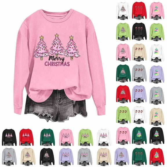 QIUOMBBP Christmas Sweatshirts for Women Cute Xmas Graphic Print Long Sleeve Shirts Loose Fit Casual Crewneck Holiday Tops, Khaki, L