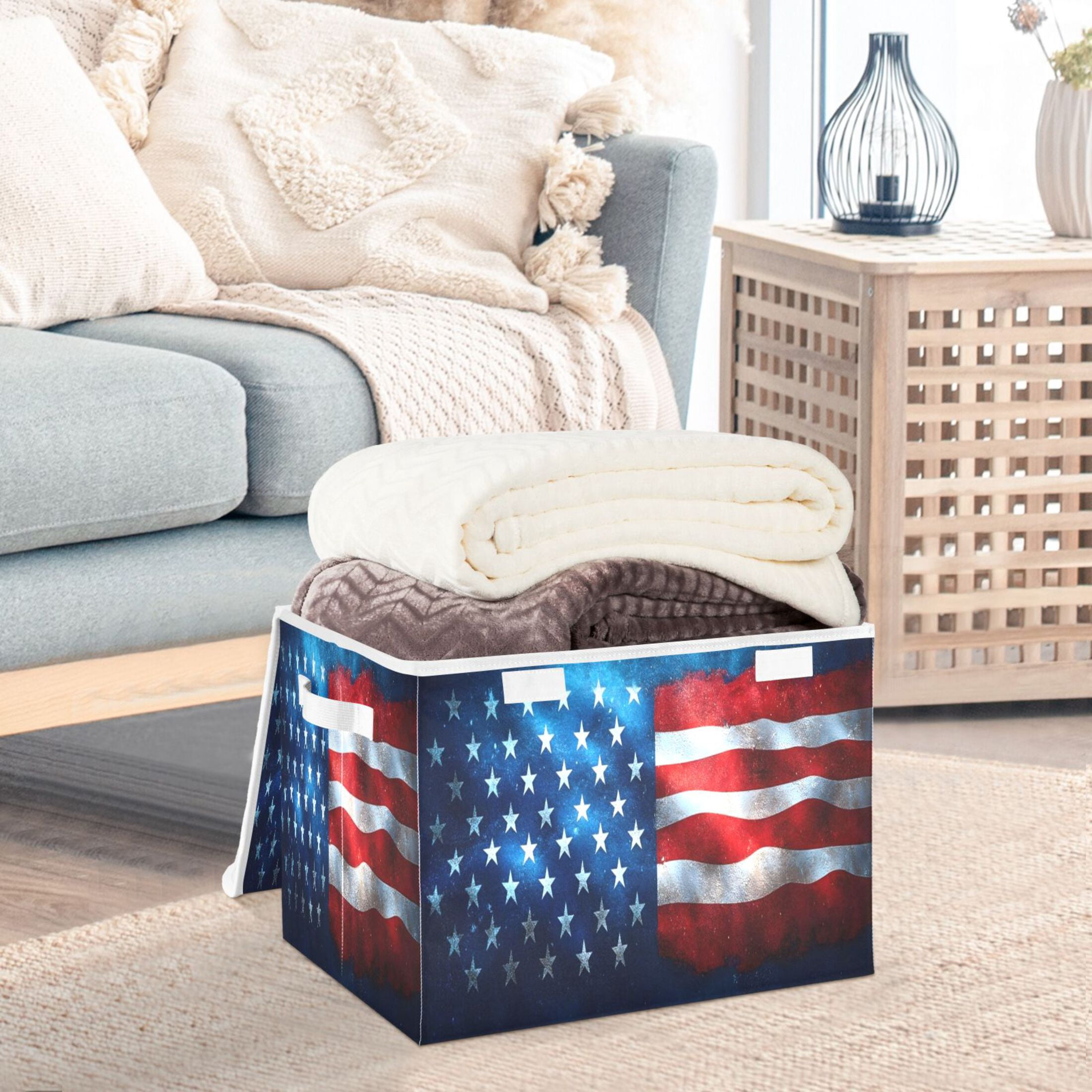 Ryvnso American Flag Large Lidded Foldable Storage Baskets Cubes Boxes Lids Bin for Home