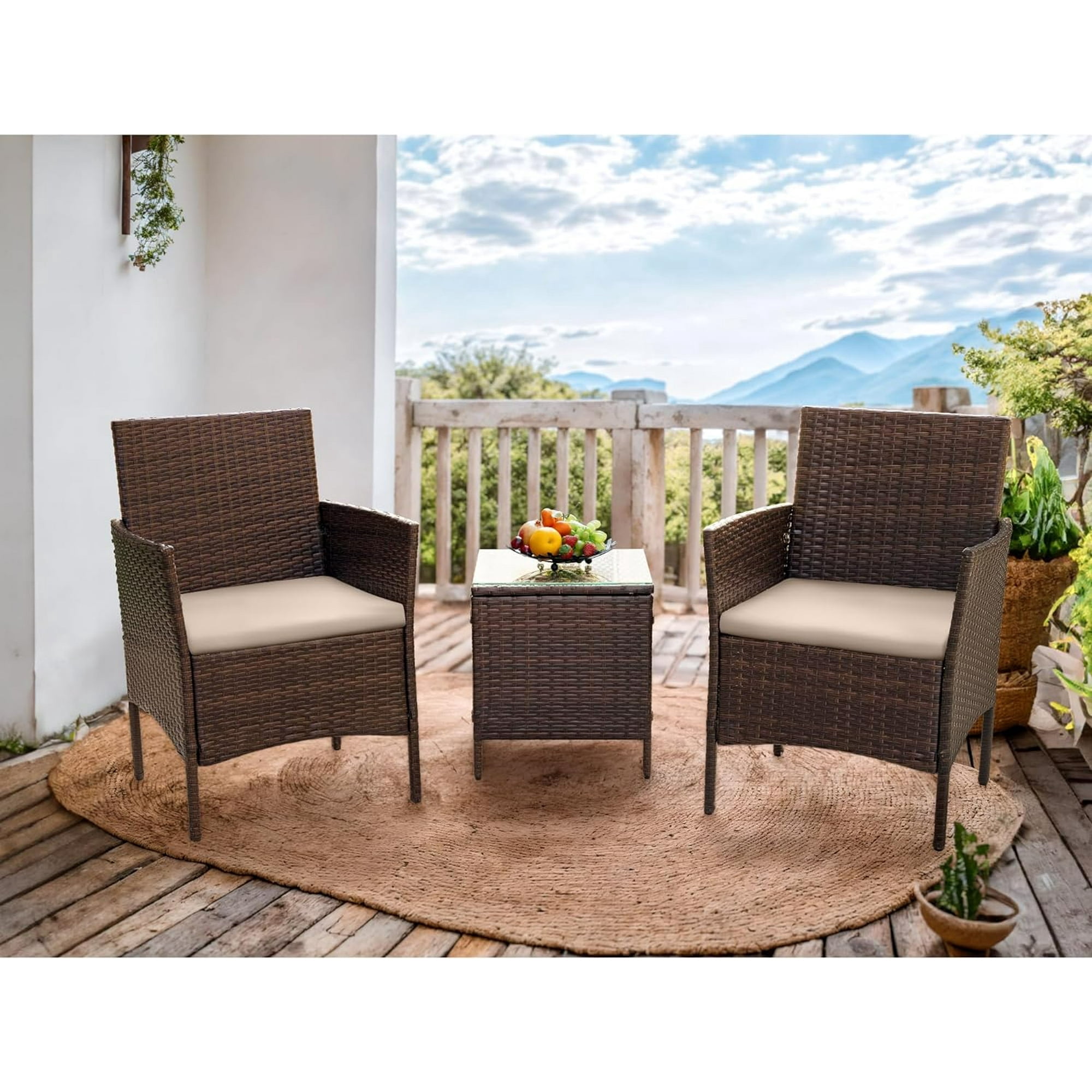 Patio Furniture Set 3 Pieces All-Weather Rattan Outdoor Furniture Patio Chairs with Tempered Glass Table for Porch Bistro Balcony,Beige
