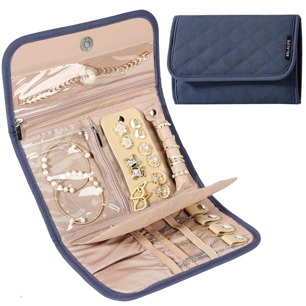 Organizador de joyas de viaje, rollo plegable de almacenamiento para aretes, collares, anillos, pulseras, broches, azul-gris