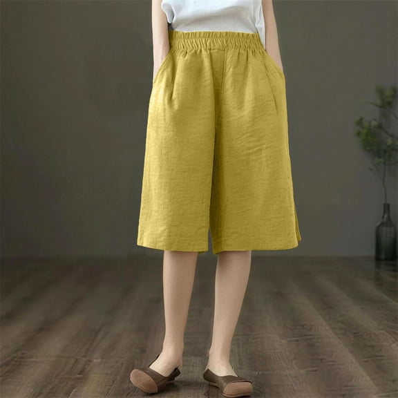 Endives Womens Cotton Linen Short Five Point Pants Thin High Waist Loose Slimming Breathable Casual Pants Straight Wide Leg Pants Yellow