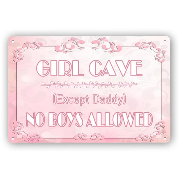 MISSUNNY Girls Bedroom Sign, Funny Girl Cave, No Boys Allowed (Except Dad) Metal Tin Sign Wall Decor Daughter Pink Bedroom Door, 12x8 Inch