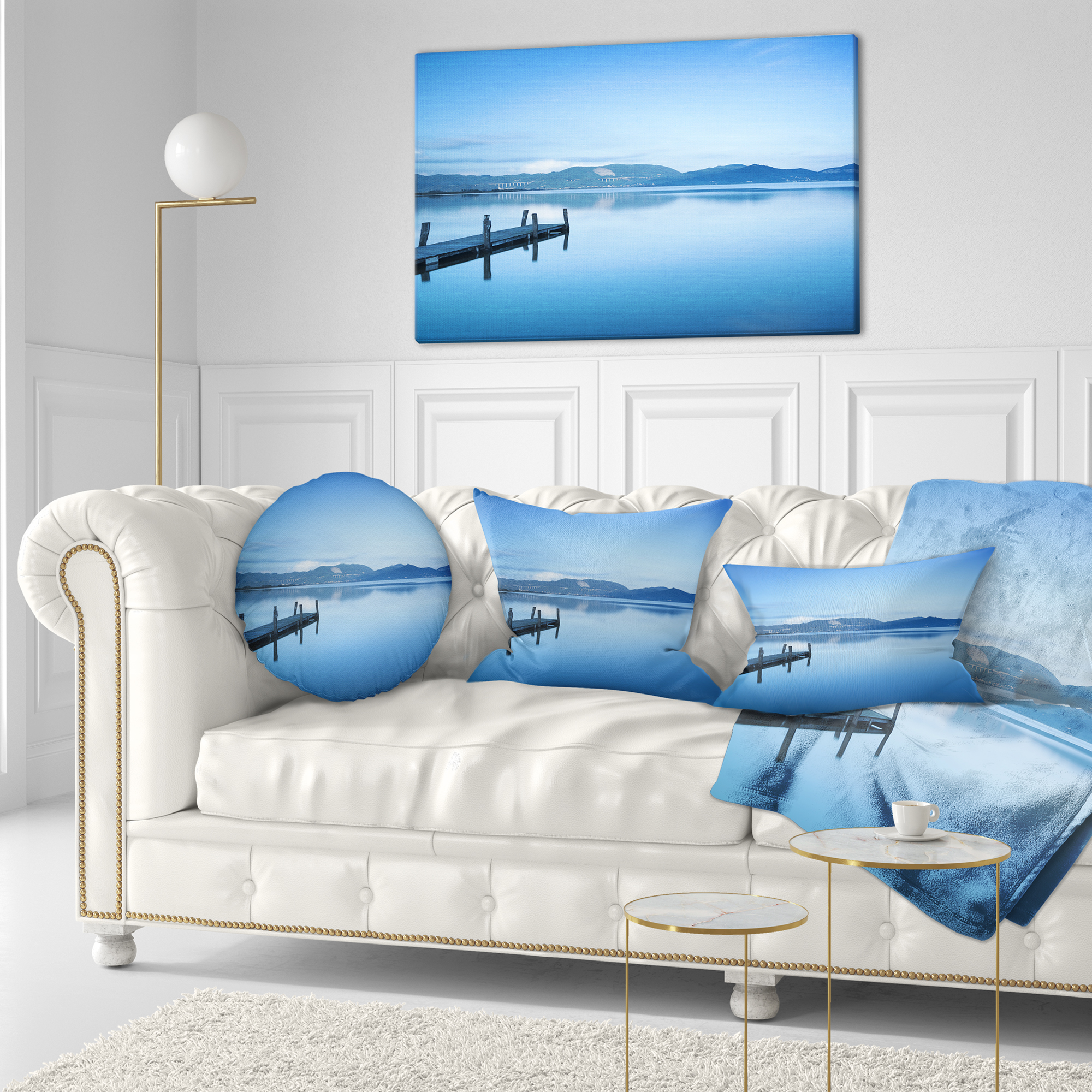 Designart Bright Blue Sky with Pier - Seascape Throw Pillow - 12x20