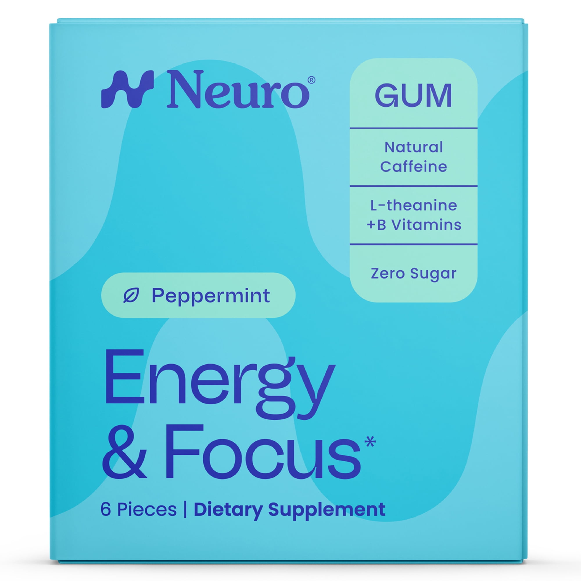 Neuro Energy & Focus Peppermint Gum Pack 6 Pieces - 40mg Natural Caffeine Gum & Nootropic Energy Supplement with L-Theanine & B Vitamins - Sugar Free, Vegan
