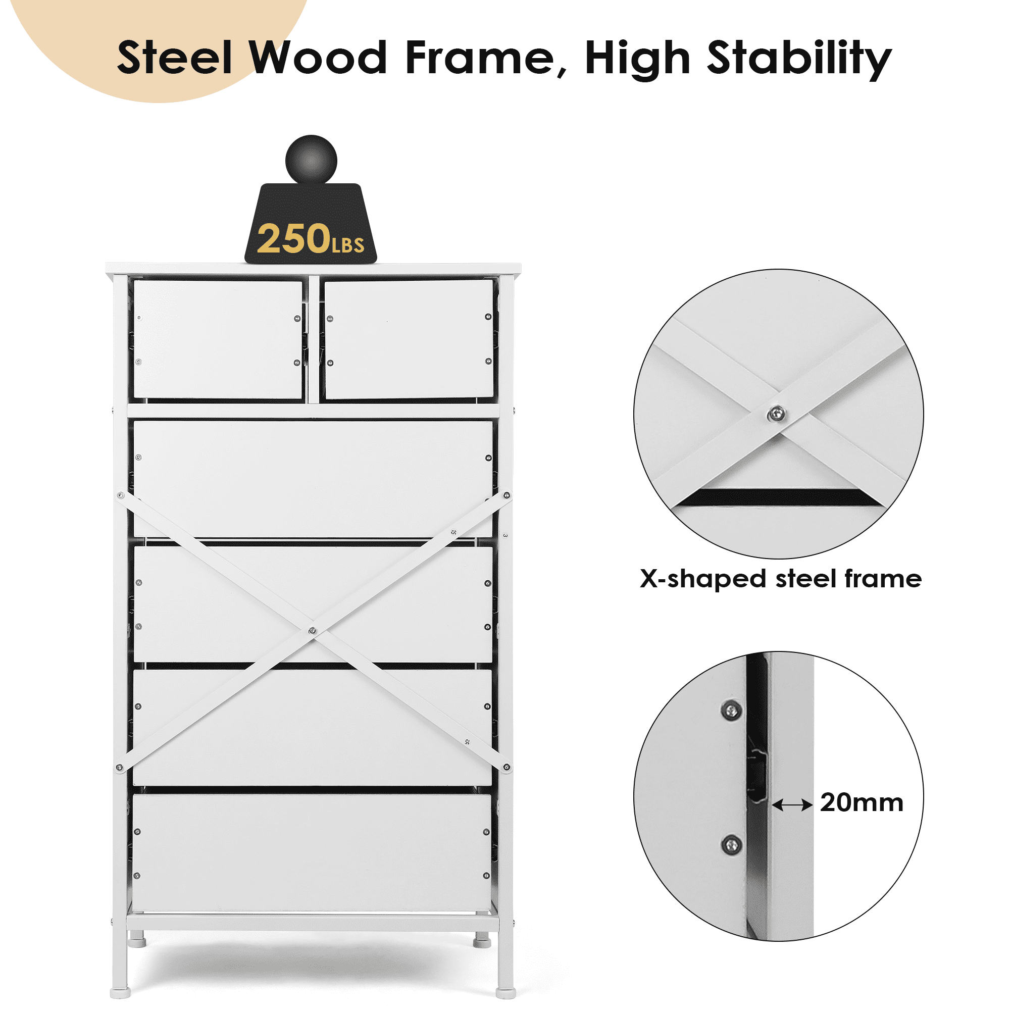 Richya Chest of Drawers, Dresser for Bedroom & Living Room with 6 Drawers, Steel Frame & Anti Fall Device,  White