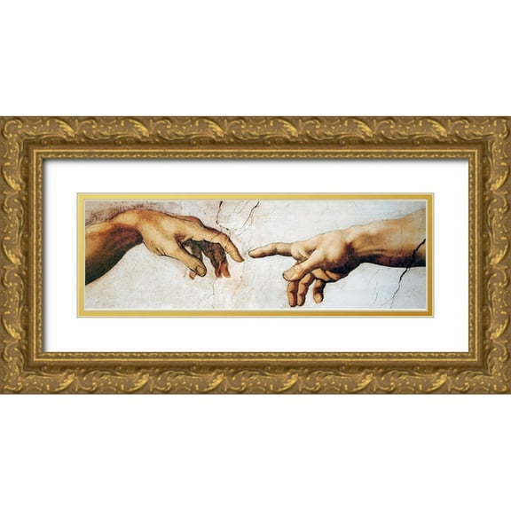 Michelangelo 24x10 Gold Ornate Wood Framed with Double Matting Museum Art Print Titled - Creation Of Adam Detail