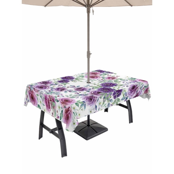 Outdoor Tablecloth with Umbrella Hole for Patio/Picnic/Party/Camping, Purple Pink Roses Waterproof Table Cloth Rectangle Table Cover Washable, Spring Floral Elegant Pastoral Botanical (54"x 80")