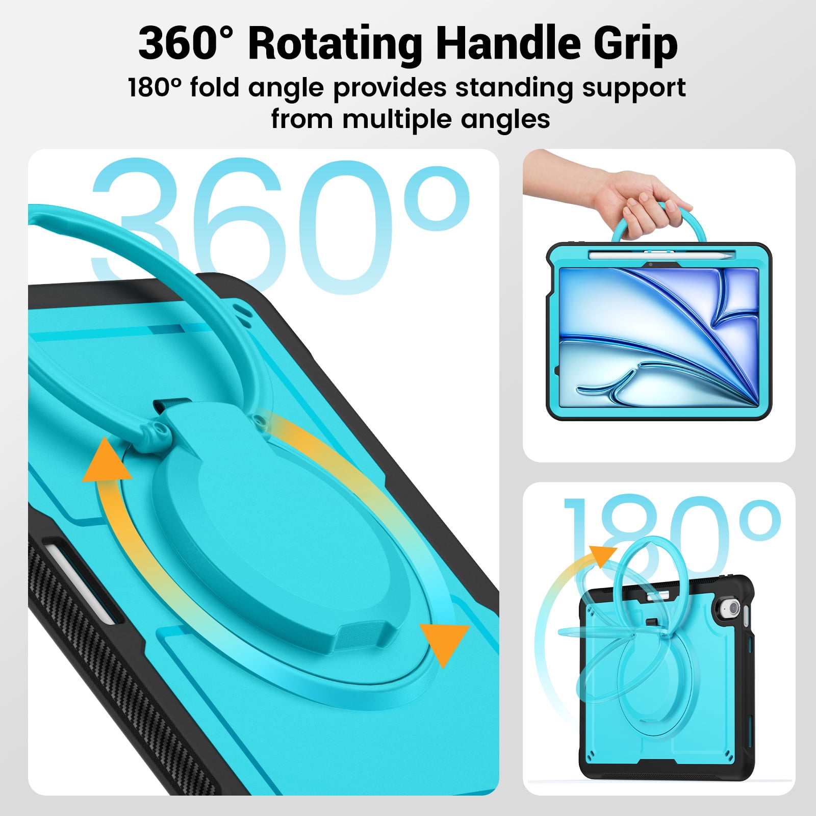 Shockproof Case for Apple iPad Air 11 Inch M3 M2 2025/2024, Rugged Hybrid Protective Cover with Pencil Holder & Shoulder Strap Kids Friendly Rotating Kickstand Case for iPad Air 11 Inch, Lightblue