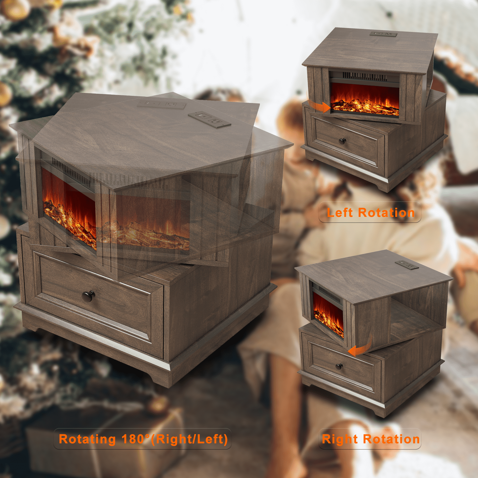 REDAYFUR Rotating End Table with 13" Electric Fireplace Screens, Side Table with Fast Charging Station, 1400W Fireplace Wooden Side Table for Living Room|Bedroom|Office, Brown