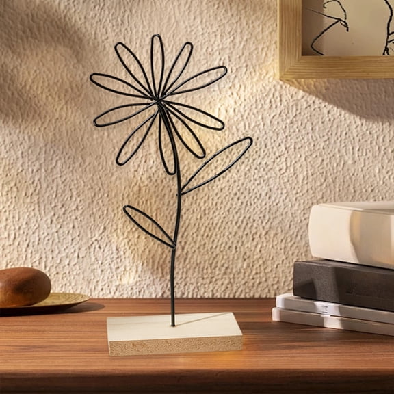 RBCKVXZ Iron Flower Decorations with Wooden Base - 5.5x9.4 Inch Metal Home Table Decor, Black Wire Signs for Bedroom Patio Balcony Bathroom Office Restaurant Shop Presents Gifts