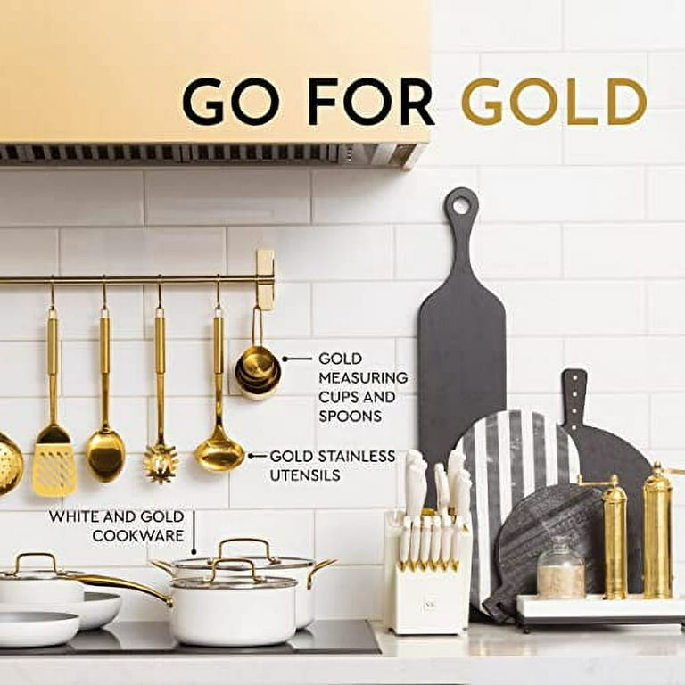 Gold Knife Set with Block Self Sharpening - 14 PC Luxurious Titanium Coated  Gold and Off-White Kitchen Knife Set and White Knife Block with Sharpener