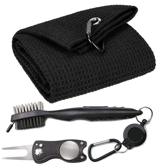 Black 16" x 24" Waffle Pattern Tri-fold Golf Towel Set | Golf Club Brush | Golf Divot Tool
