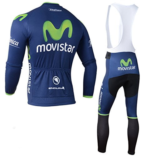 Outdoor Sports Pro Team Men's Long Sleeve Movistar Cycling Jersey and Bib Pants Set by
