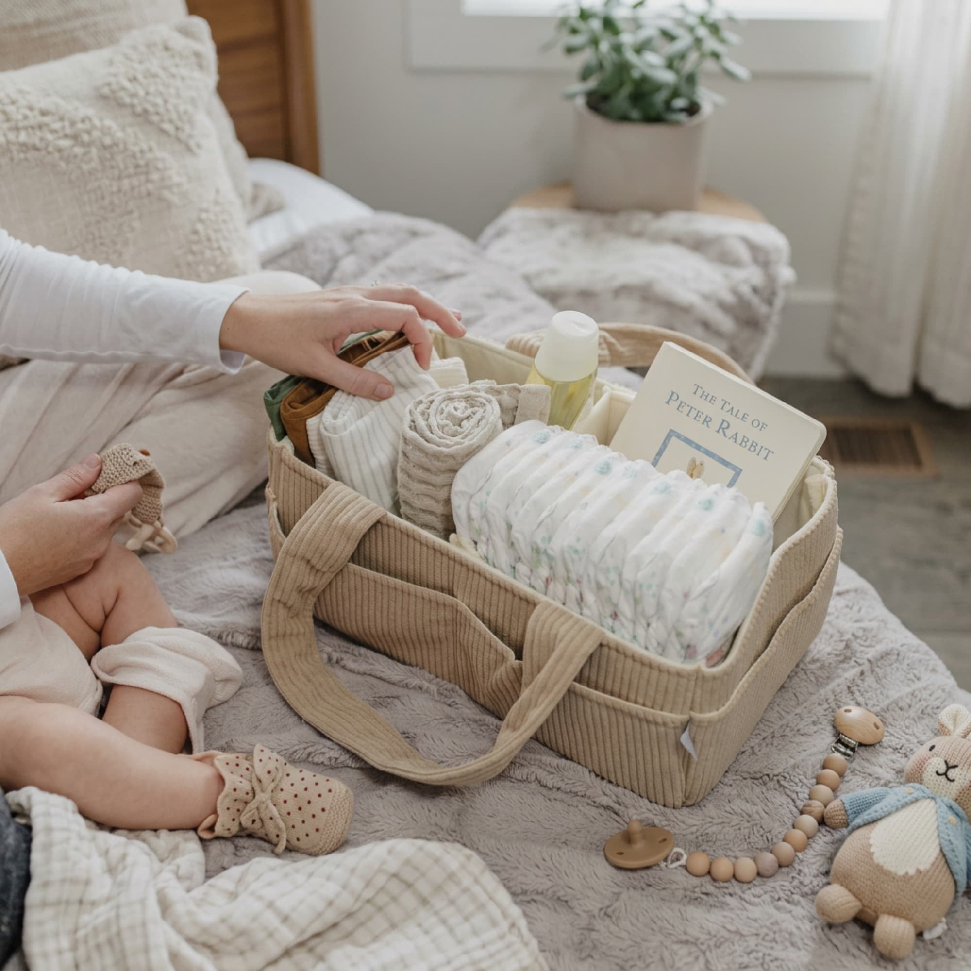 HUJHKIO Diaper Caddy Organizer with Removable Divider, Lightweight Nursery Storage Bin with Handle & 6 Pockets for Wipes, Baby Essentials, Portable Changing Station for Newborn, Travel, Cream
