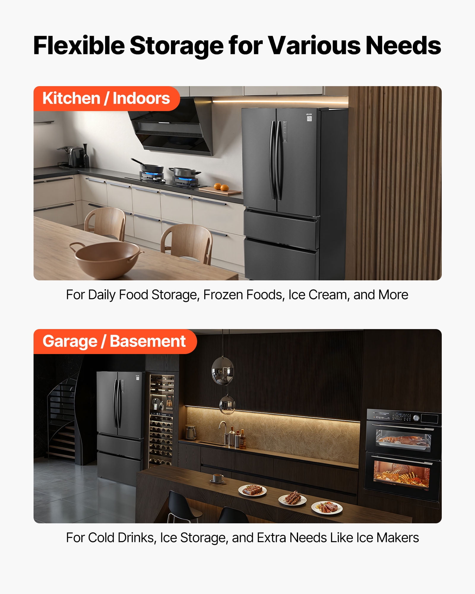 VEVOR French Door Refrigerator, 18.9 Cu. Ft. Kitchen Fridge,Counter Depth French Refrigerator with LED Display and 4 Casters,Frost-Free Bottom Freezer Refrigerators for Home & Commercial Use,Black
