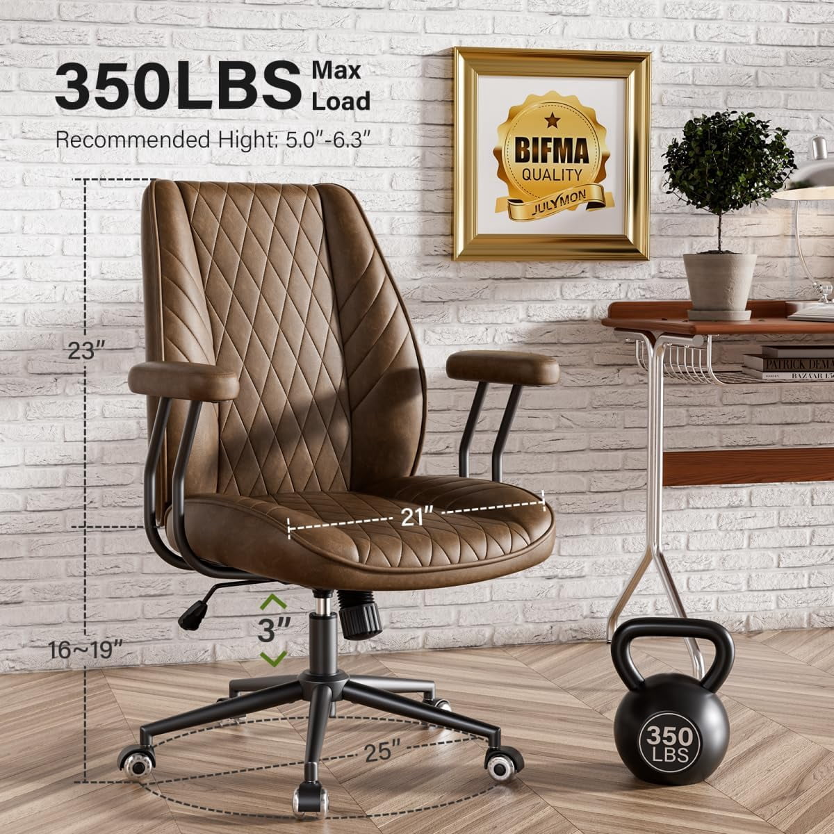 Genpo Brown Leather Office Chair with Wheels Rubber Casters, Padded Arms and Adjustable Height, Mid Century Modern Style Vintage Desk Chair