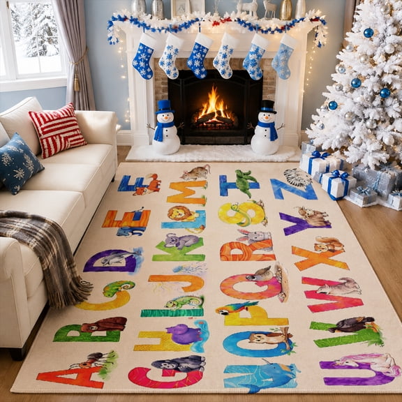 Gelasgo Animal Alphabet Velvet Area Rug, Colorful ABC Learning Decorative Carpet, Soft Indoor Floor Mat for Kids Room Nursery Classroom Playroom Home Decor