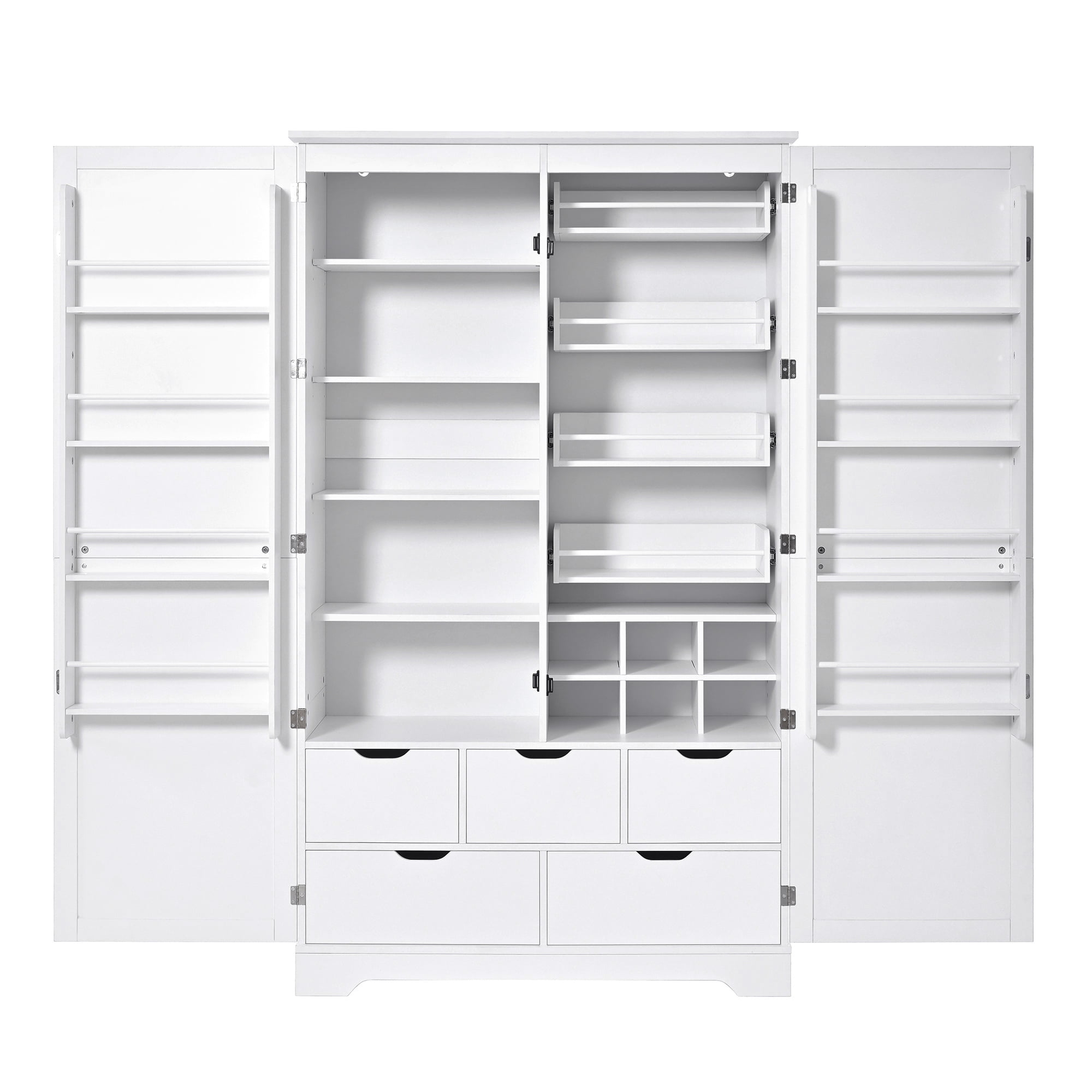 Mintazer 72" Tall Freestanding Kitchen Pantry Cabinet with 5 Drawers, Adjustable Shelves, Pull‑Out Trays & Door Storage Racks for Kitchen Dining Room Living Room, White