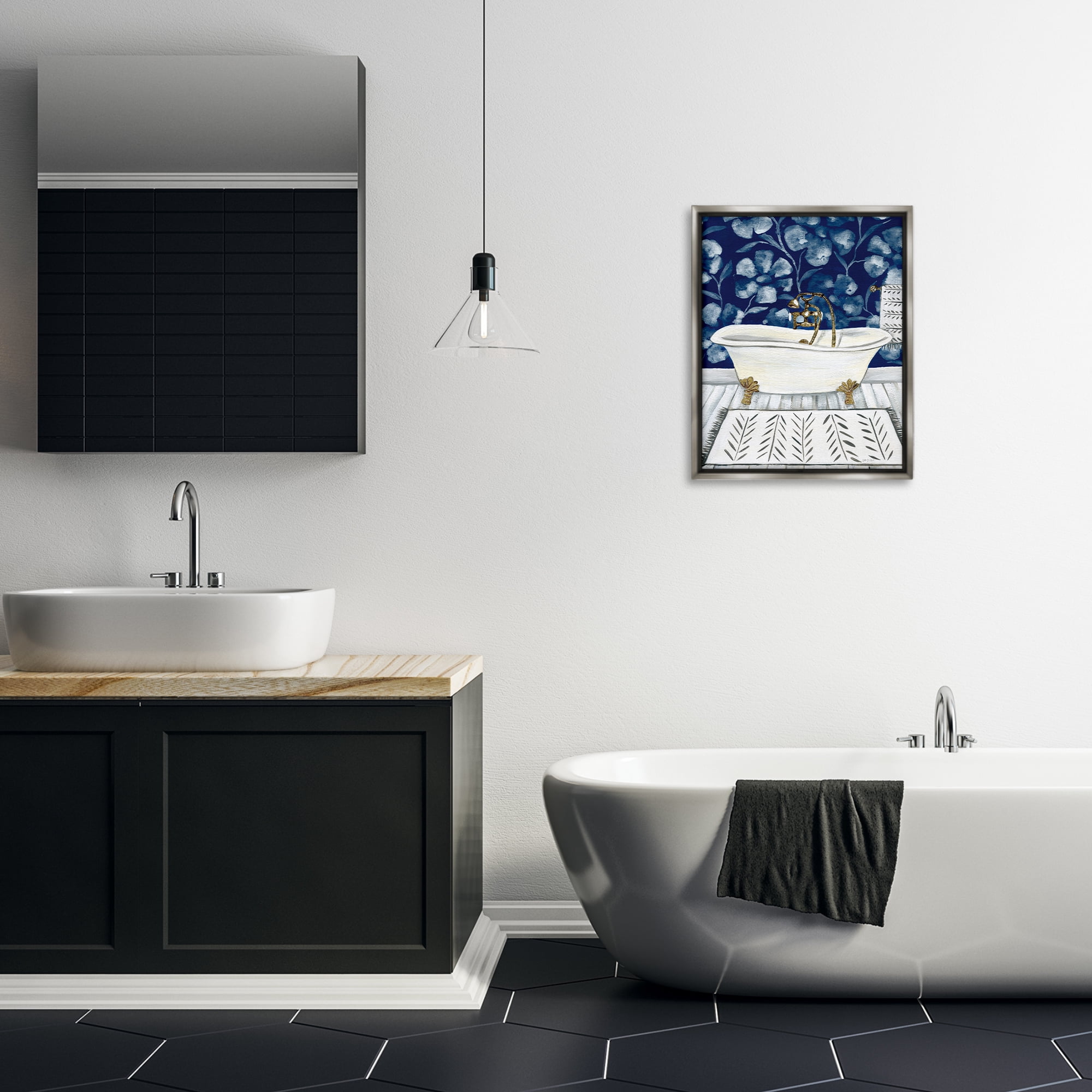 Stupell Industries Bold Blue Bathtub Typography Painting Gray Floater Framed Canvas Art Print Wall Art, 17 x 21