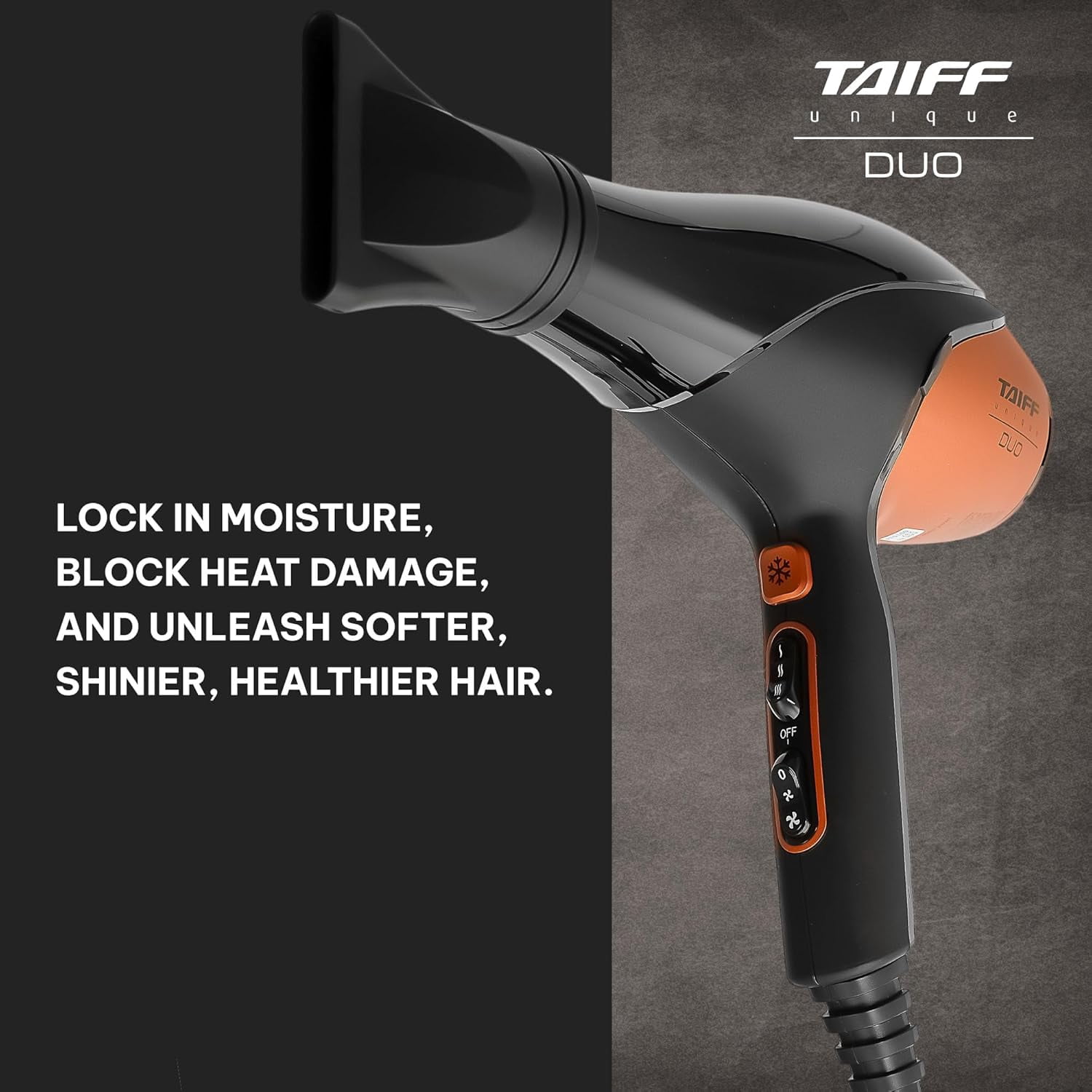 Taiff Unique Duo Professional Hair Dryer – 127V | 1875W Power | AC Motor | Tourmaline + Ionic & Ceramic Technology | Titanium Elements | 2 Concentrator Nozzles (Orange)