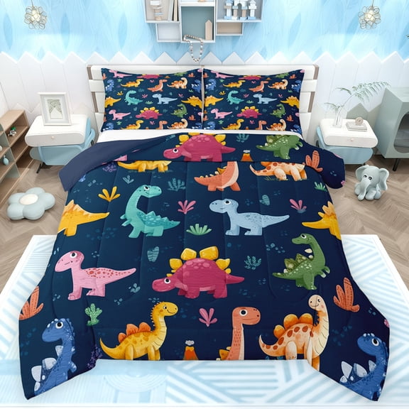 Feelyou Teens Kawaii Dinosaur Full Size Comforter Sets, Cartoon Jungle Dino Bedding Comforter Set, Cute Animal Theme Reversible Bedding Sets, Luxury Bedroom Decor, 3-Piece