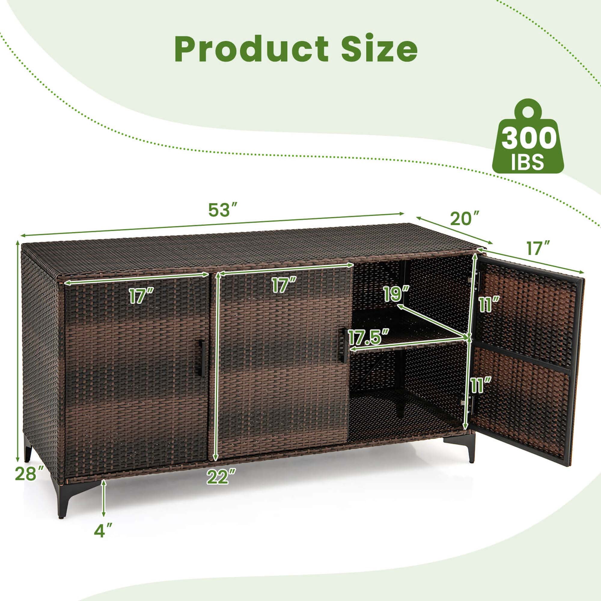 Costway 84 Gallon 3-Door Patio Wicker Storage Cabinet Deck Box with Removable Shelves Brown