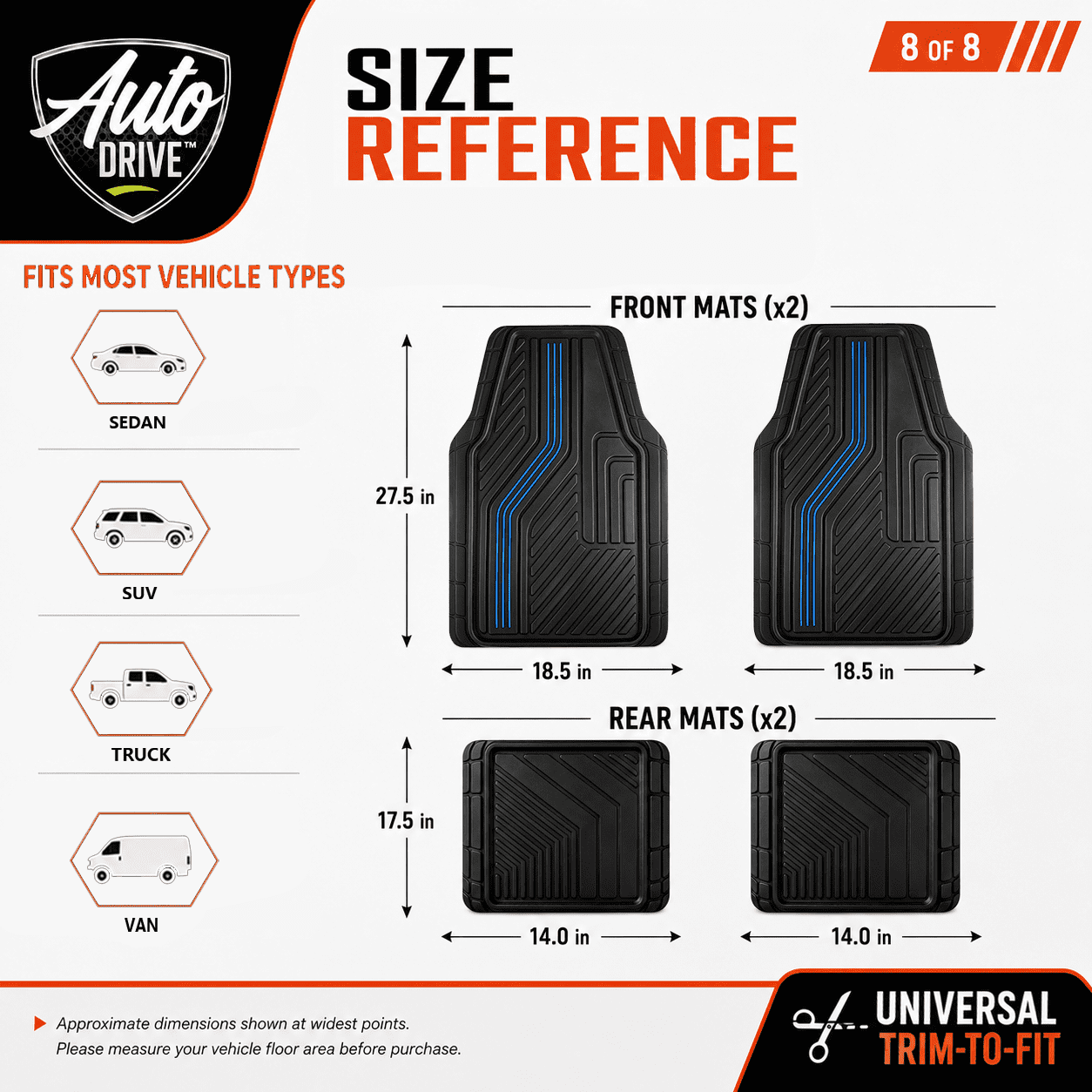 Auto Drive Rubber Car Floor Mats, Decorative Insert Trim Floor Mats Set, All Weather Automotive Floor Mats, Easy-Clean, Anti-Slip Backing for Cars, SUVs, Trucks, and Vans 3 Piece Blue