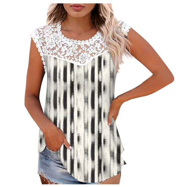 Camiseta sin mangas de encaje con estampado de mujer Camiseta sin mangas de empalme de cuello redondo Camiseta ligera y cómoda delgada OAVQHLG3B Store lin121212