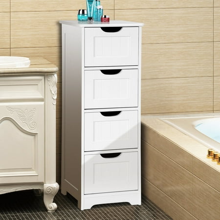 Gymax Bathroom Floor Cabinet Wooden Free Standing Storage Side Organizer W/4