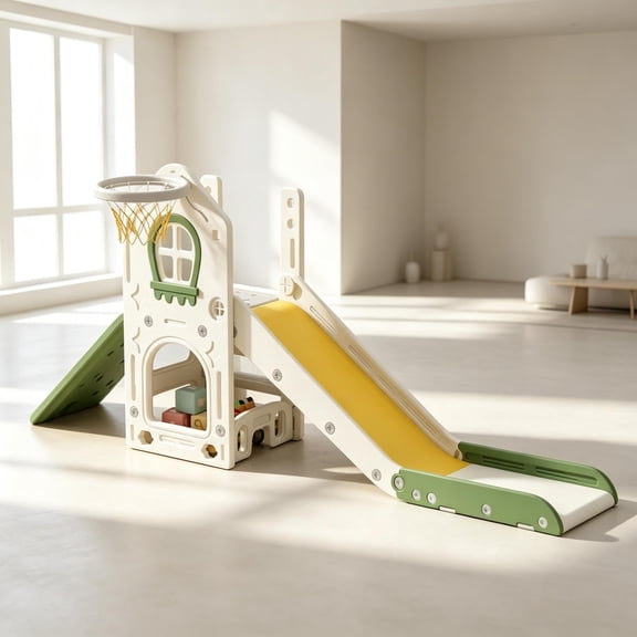Indoor Slide with Basketball Hoop, Foldable Toddler Slide,Compact Indoor Playground Set