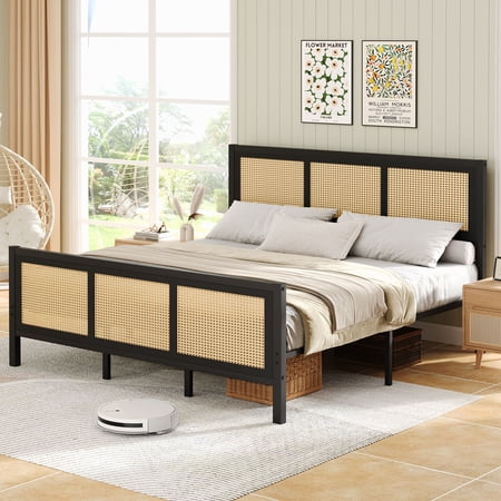 Catrimown King Bed Frame, King Size Bed Frame with Natural Rattan Headboard and Footboard, Rattan Bed Frame for Bedroom, No Box Spring Needed, Black