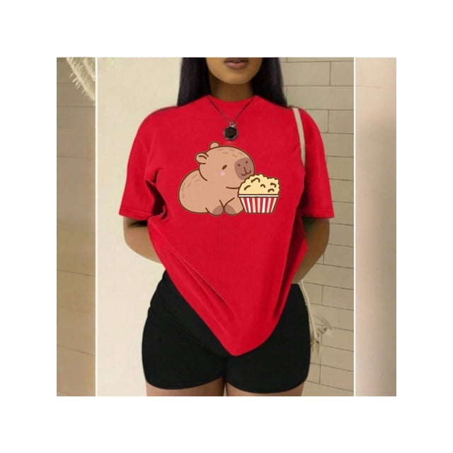 Playera Blusa Con Estampado de Capibara Comiendo Palomitas Playera De Capybara Divertida Color Rojo Talla Mediana Marca Emil SaEs