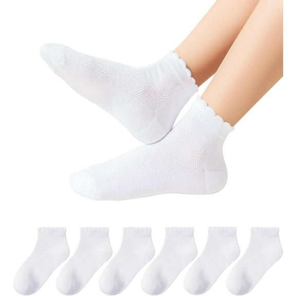 ShengVisions 6-Pack Girls' Ruffle Socks – Cute Frilly Ankle Socks for School Uniforms, Dressy Cotton Crew Socks for Kids (White)