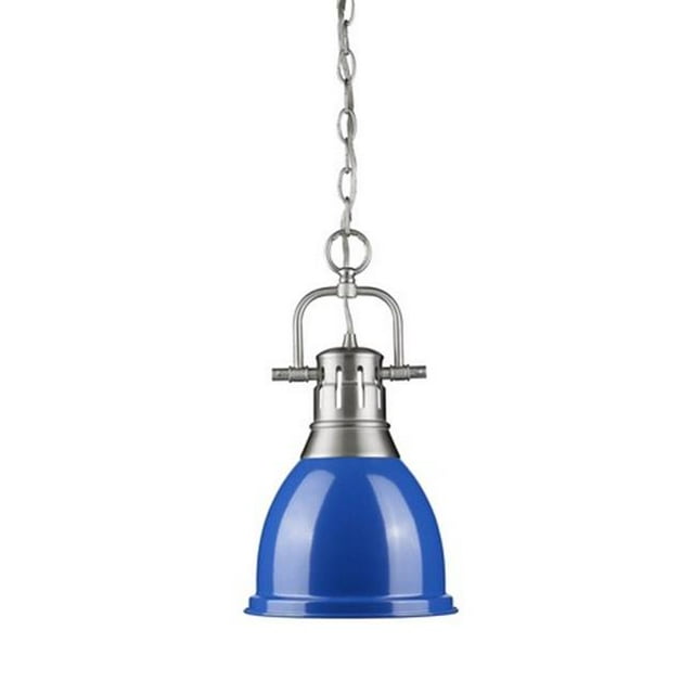 Golden Lighting 3602-S PW-BE Duncan Small Pendant with Chain in Pewter with Blue Shade