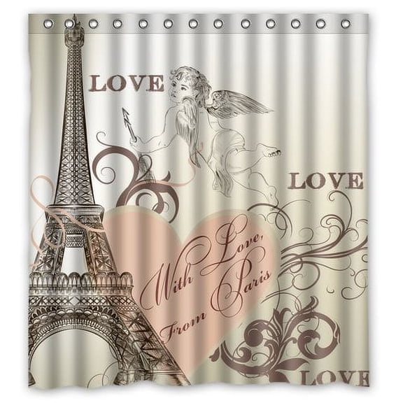 HelloDecor With Love from Paris Eiffel Tower Shower Curtain Polyester Fabric Bathroom Decorative Curtain Size 66x72 Inches